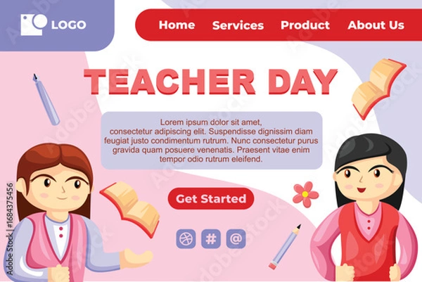 Obraz Teacher Day with Bright Cute Cartoon People, Stationery Element for Web Banner Background
