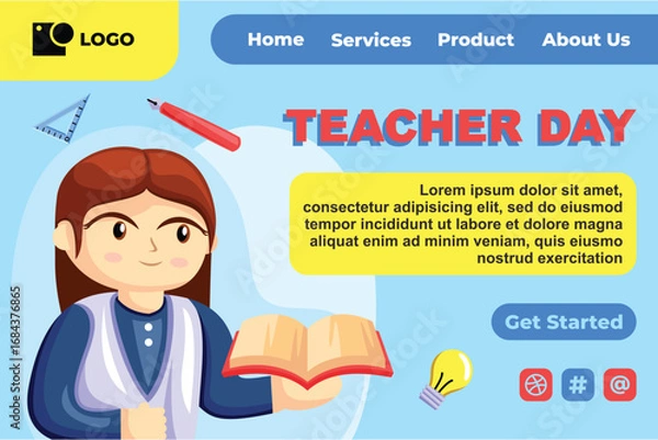 Obraz Teacher Day with Bright Cute Cartoon People, Stationery Element for Web Banner Background