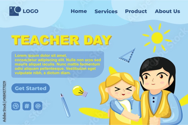 Obraz Teacher Day with Bright Cute Cartoon People, Stationery Element for Web Banner Background