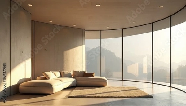 Fototapeta Contemporary living room with a curved sofa and floor to ceiling window with stunning view.