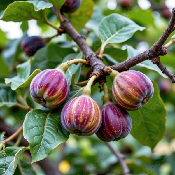 Fototapeta Fresh ripe figs growing on tree branch with green leaves in natural orchard setting du daytime