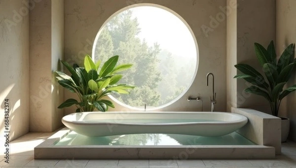 Fototapeta Minimalist bathroom with a unique floating bathtub and a round window with a forest view.