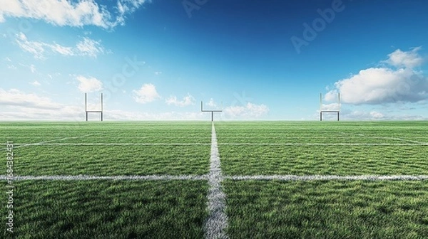 Fototapeta Dynamic football match on open field clear horizon sports photography bright day aerial view goalposts in focus