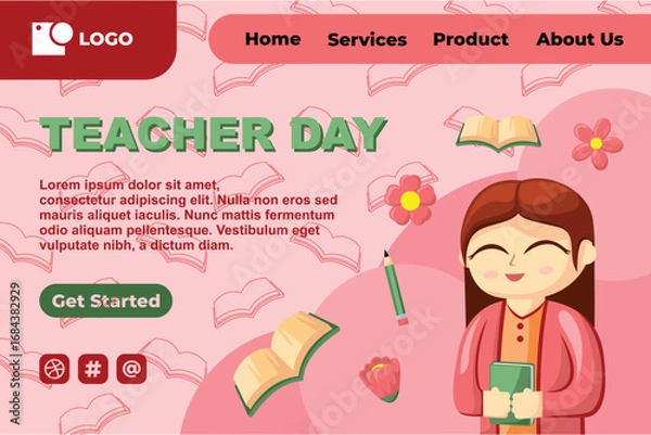 Obraz Teacher Day with Bright Cute Cartoon People, Stationery Element for Web Banner Background