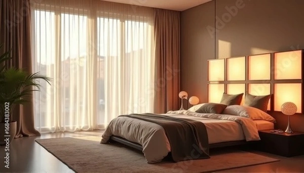 Fototapeta A warm and inviting bedroom with large curtains and a unique lighted headboard.