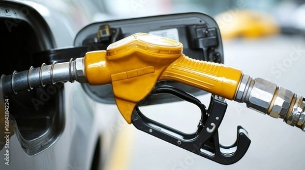 Fototapeta Gas pump nozzle dispensing yellow oil into cars at fuel station automotive industry close-up view for seo optimization