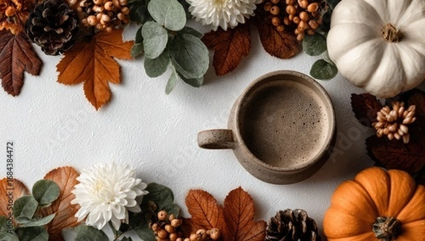 Obraz Cozy Fall Drink with Pumpkins and Leaves