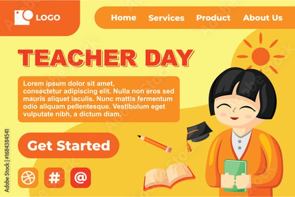 Obraz Teacher Day with Bright Cute Cartoon People, Stationery Element for Web Banner Background