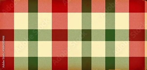 Fototapeta Distressed vintage gingham in deep reds, forest greens & off-whites Rustic texture,  element,  home decor