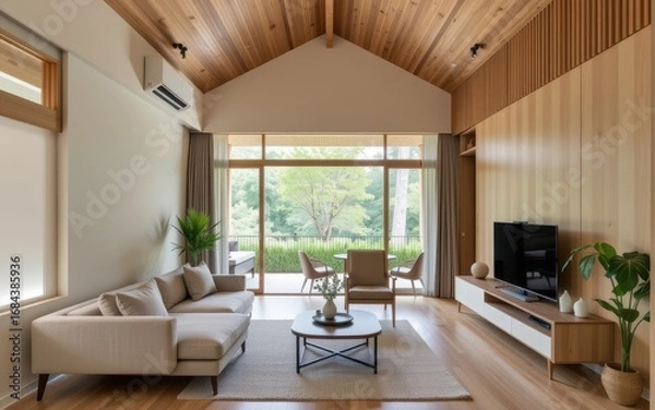 Obraz Accessory dwelling unit. Modern living room with large windows and wooden accents, featuring cozy furnishings.