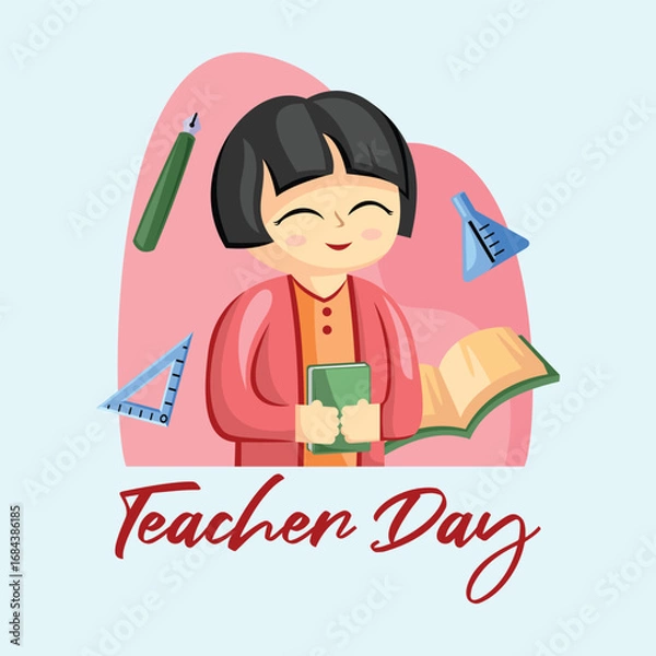 Obraz Teacher Day with Bright Cute Cartoon People, Stationery Element and Background