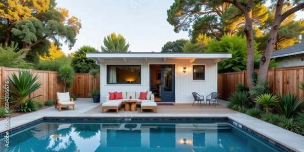 Obraz Accessory dwelling unit. Modern poolside house with a cozy deck and lush greenery surrounding it.