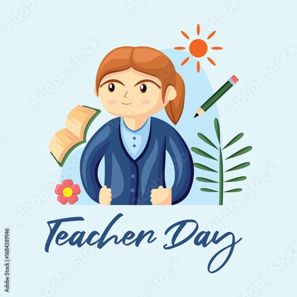 Obraz Teacher Day with Bright Cute Cartoon People, Stationery Element and Background