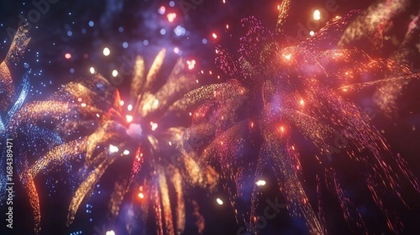 Fototapeta Night scene with fireworks in the sky, reflections of fireworks on the wet ground, festive atmosphere of a night city with fireworks