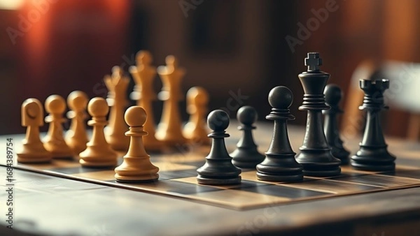 Obraz Chess pieces strategically placed on a weathered wooden table with warm vintage lighting.