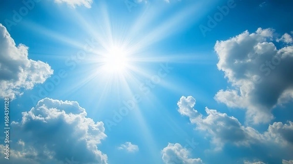 Fototapeta 67.Sunbeam With Haze On Blue Sky. Beams With Clouds. Sky With Sun Coming With Clouds.