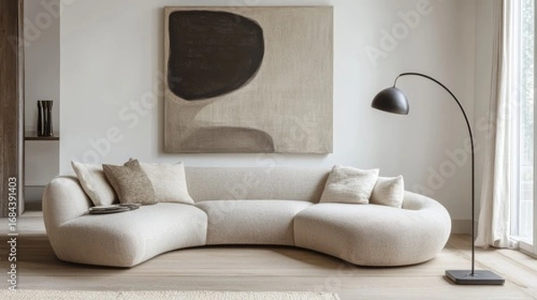 Fototapeta 8.A modern living room with a soft, curved sofa in neutral tones, paired with a large, abstract piece of artwork on the wall. A sleek, tall floor lamp stands beside the sofa, casting a warm, inviting