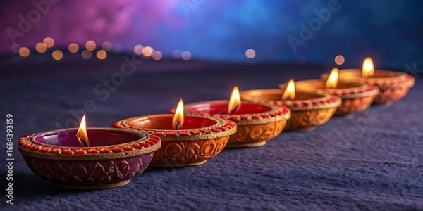 Fototapeta Row of lit diyas on a textured surface with bokeh background