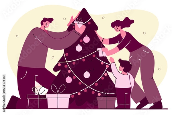 Fototapeta Family joyfully decorating a christmas tree together bringing festive cheer indoors