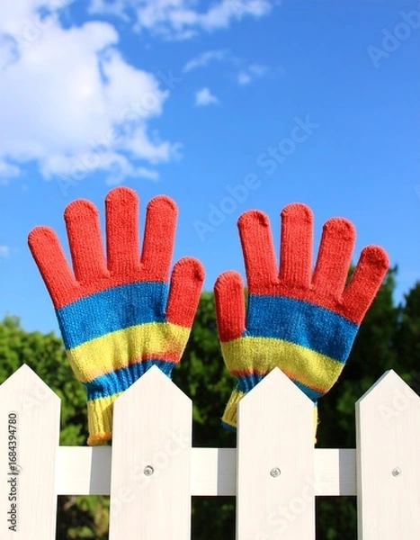 Fototapeta Colorful gloves over a white picket fence against a partly cloudy sky