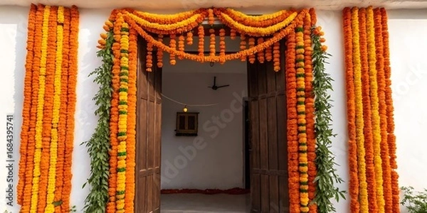 Fototapeta Vibrant marigold flower garland decorating an entrance
