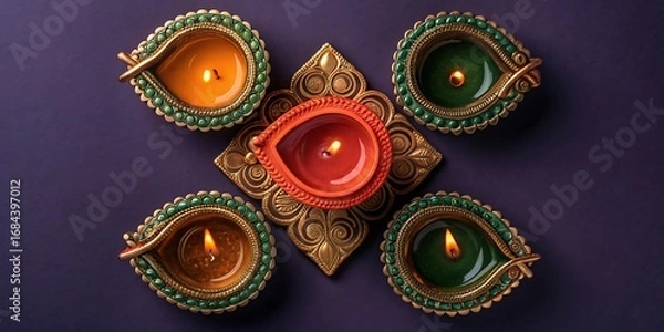Fototapeta Five lit decorative diyas arranged in a star shape