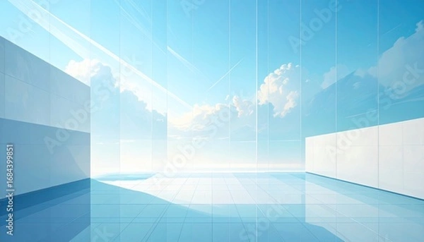 Fototapeta Minimalist Architectural Interior with Sky View, Reflective Surfaces, and Light