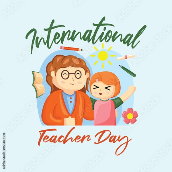 Obraz Teacher Day with Bright Cute Cartoon People, Stationery Element and Background