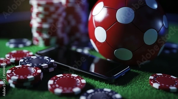 Fototapeta A football, mobile phone, casino chips, and coins on a dynamic background -