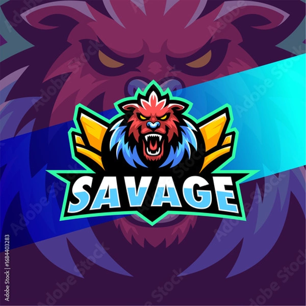 Fototapeta Fierce esport mascot logo featuring a roaring savage bear head with sharp teeth, red and blue gradients, and bold typography