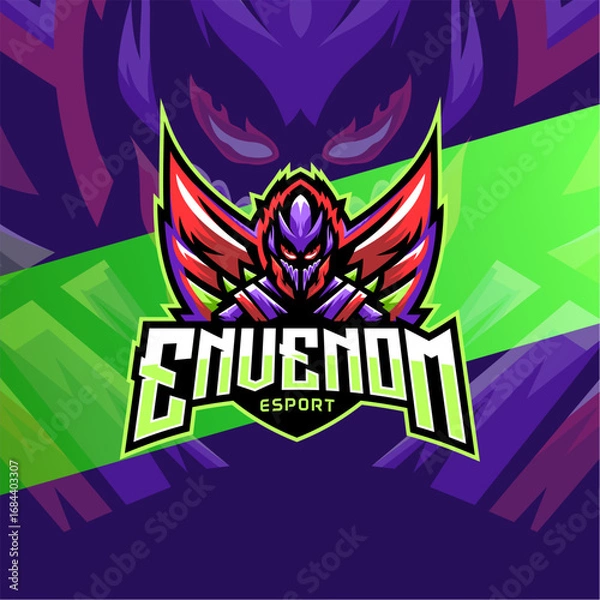 Fototapeta Professional esport mascot logo featuring a venom-inspired character with sharp wings, glowing eyes, and bold typography