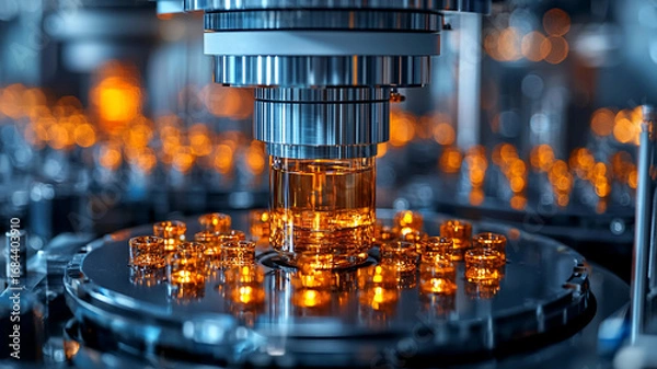 Fototapeta Automated Pharmaceutical Capsule Filling: Precision Machinery and Illuminated Amber Vials