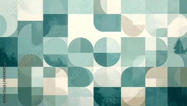 Fototapeta Serene Teal Geometric Abstract:  Subtle Nature Integration in Mid-Century Modern Style
