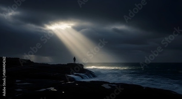 Fototapeta A solitary figure stands on a dark, rocky coastline, illuminated by dramatic sun rays breaking through stormy clouds over a turbulent sea.