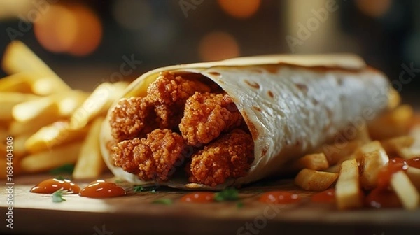 Fototapeta A delicious wrap filled with grilled chicken, vegetables, and herbs, served on a wooden plate.