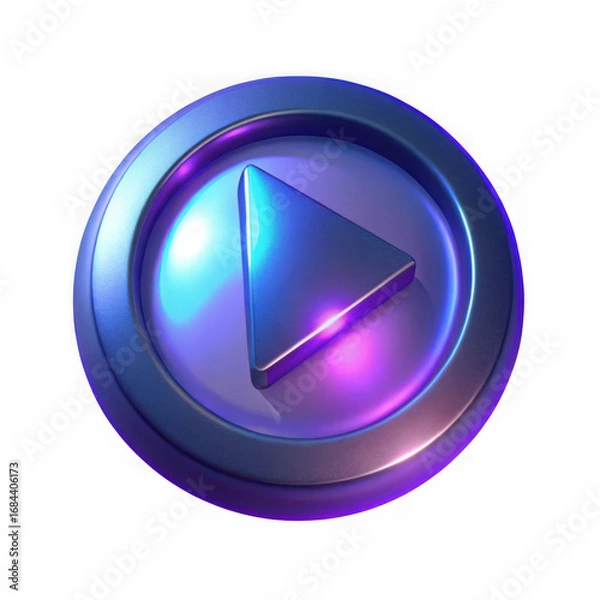 Fototapeta Modern 3d rendered stylized play button icon with blue and purple neon glow transparent background