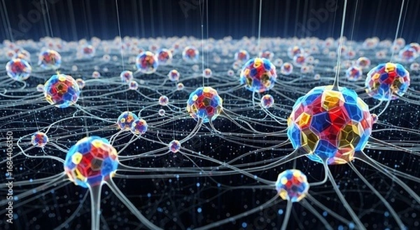 Fototapeta A vibrant, interconnected network of colorful, glowing spherical nodes representing complex systems like neural networks or cellular communication.