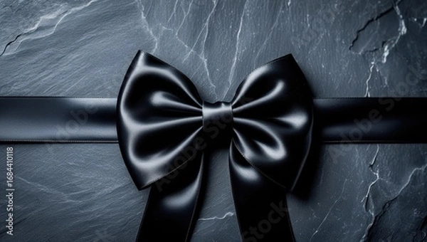 Fototapeta A sophisticated black satin ribbon bow sits elegantly on a dark gray stone surface, showcasing a dramatic and mournful tone.