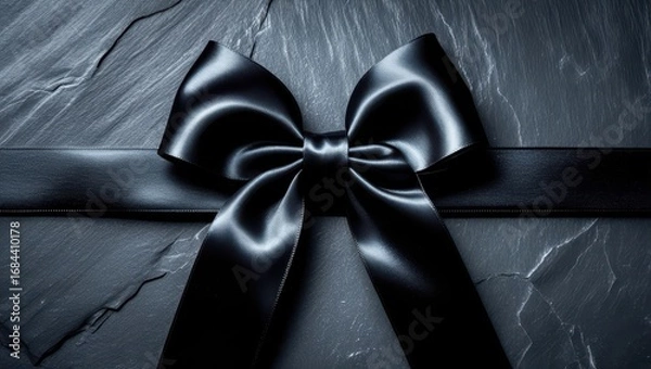 Fototapeta A dark, elegant ribbon bow sits atop a textured slate surface, creating a sophisticated and somber mood.