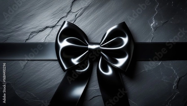 Fototapeta A glossy black bow sits atop a dark stone surface, accented by a matching ribbon.