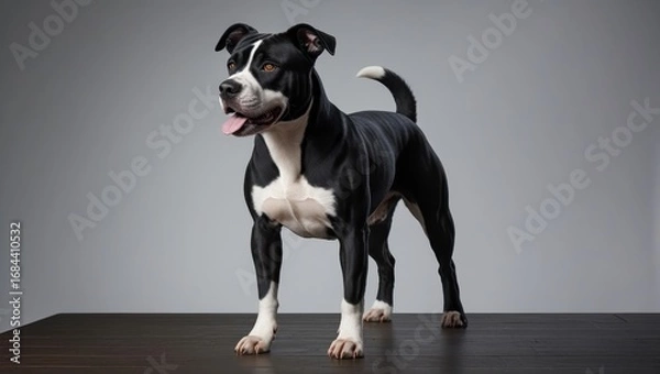 Fototapeta A black and white dog stands proudly on a dark wooden surface against a neutral backdrop.