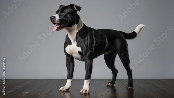Fototapeta A black and white dog, standing alert, with a thoughtful expression, showcasing its muscular build against a neutral backdrop.