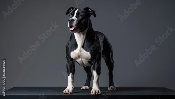 Fototapeta A powerful black and white dog stands confidently against a neutral backdrop, showcasing its muscular physique.