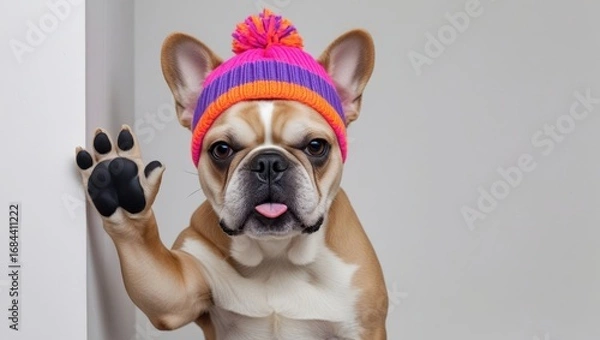 Fototapeta Playful french bulldog in a vibrant winter hat waves a paw in a  setting.