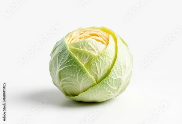 Fototapeta A fresh, vibrant head of cabbage, displayed against a plain white background, showcasing its intricate leaf structure and subtle color variations.
