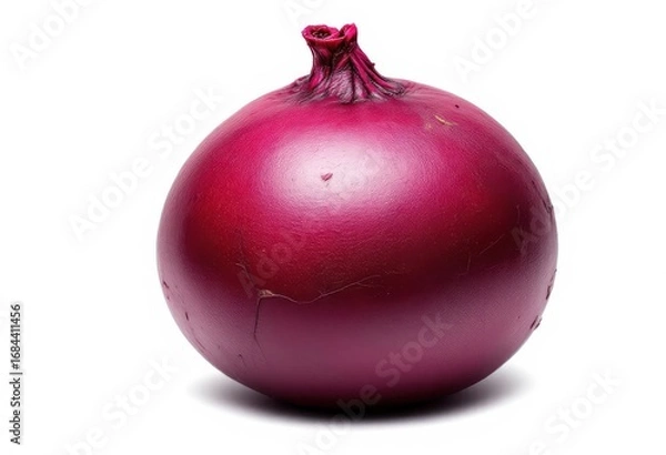 Fototapeta A single, vibrant, deep-red onion sits against a plain white background, showcasing its textured exterior and rounded form.