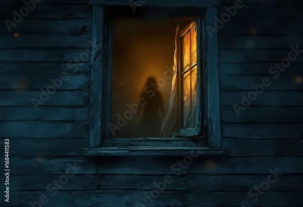 Fototapeta A shadowy figure is seen through an open window at night, casting a spooky ambiance on the aged wooden structure.