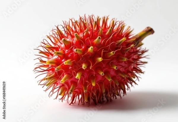 Fototapeta Close-up view of a vibrant red rambutan, showcasing its spiky texture and rich color against a plain white background.