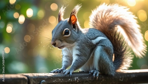Fototapeta A close-up view of a gray squirrel, perched atop a dark wooden railing, showcases its detailed fur and inquisitive expression.