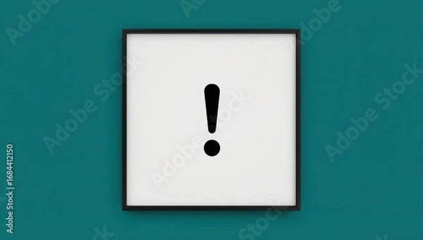 Fototapeta A simple exclamation point symbol displayed in a black framed white canvas, set against a teal wall.
